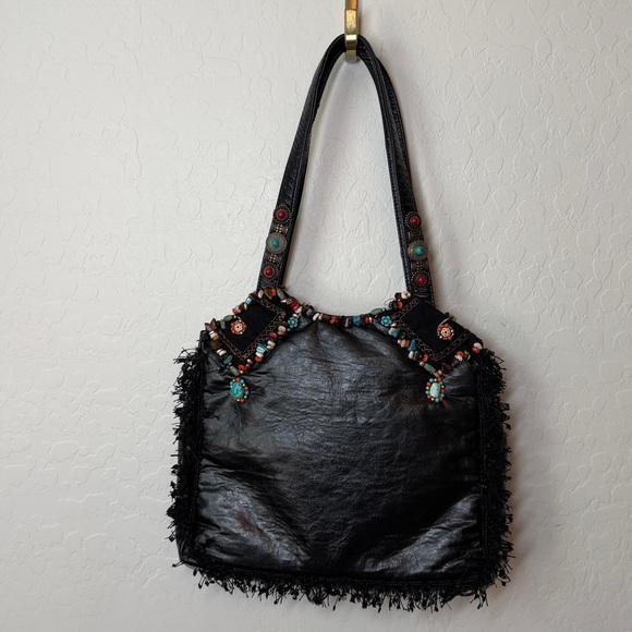 Mary Frances Beaded Fringe Hobo Tote Bag Black Multicolor - Picture 5 of 7